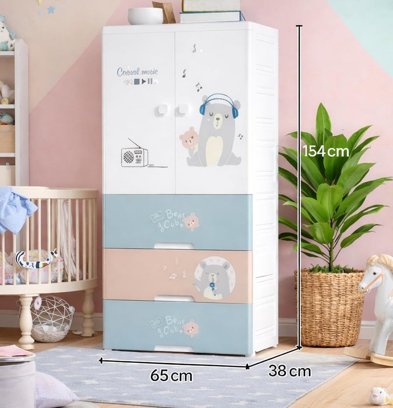 SNKR ESSENTIALS Kids Plastic Wardrobe with Drawers | Baby Cupboard for Clothes Storage | Cartoon Bear Design Children Almirah | Multi-Layer Kids Storage Cabinet for Bedroom & Nursery - Image 2