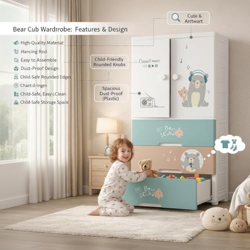 SNKR ESSENTIALS Kids Plastic Wardrobe with Drawers | Baby Cupboard for Clothes Storage | Cartoon Bear Design Children Almirah | Multi-Layer Kids Storage Cabinet for Bedroom & Nursery - Image 4