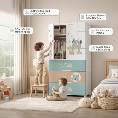 SNKR ESSENTIALS Kids Plastic Wardrobe with Drawers | Baby Cupboard for Clothes Storage | Cartoon Bear Design Children Almirah | Multi-Layer Kids Storage Cabinet for Bedroom & Nursery - Image 3