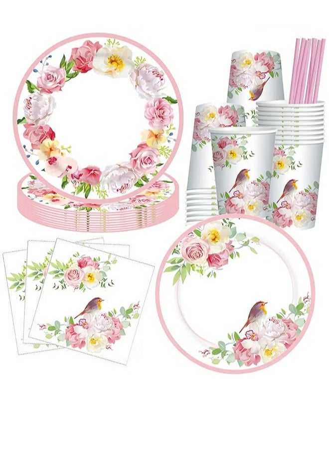 EETU 90PCS Vintage Floral Party Supplies,Includes Floral Paper Plates Cups Napkins Straw,For Bridal Shower Wedding Flower Birthday Decorations Garden Tea Party - Image 1