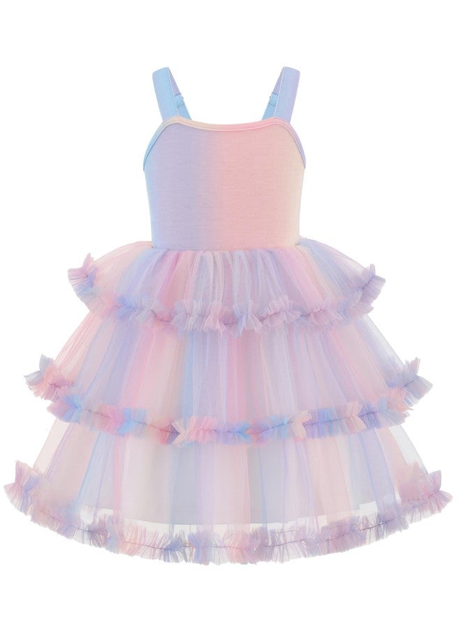 Arshiner Toddler Girls Tulle Dress Rainbow Pastel Tutu Dresses for Girl Birthday Party Princess Outfit Layered Ruffle Fluffy Sleeveless Ball Gown Summer Clothes 4-5T - Image 1