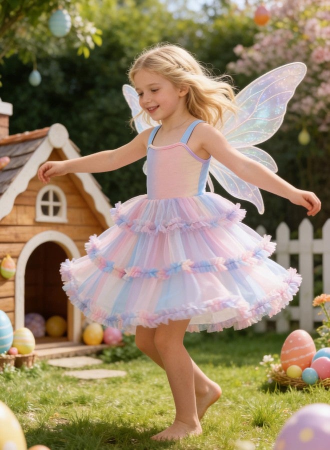 Arshiner Toddler Girls Tulle Dress Rainbow Pastel Tutu Dresses for Girl Birthday Party Princess Outfit Layered Ruffle Fluffy Sleeveless Ball Gown Summer Clothes 4-5T - Image 3