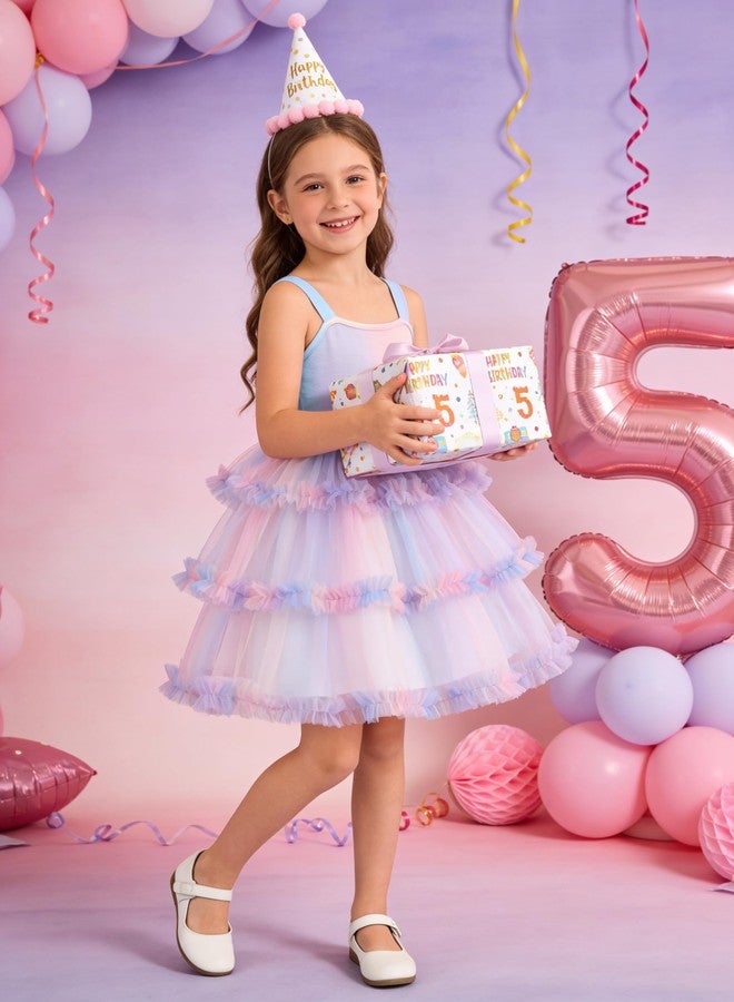 Arshiner Toddler Girls Tulle Dress Rainbow Pastel Tutu Dresses for Girl Birthday Party Princess Outfit Layered Ruffle Fluffy Sleeveless Ball Gown Summer Clothes 4-5T - Image 5