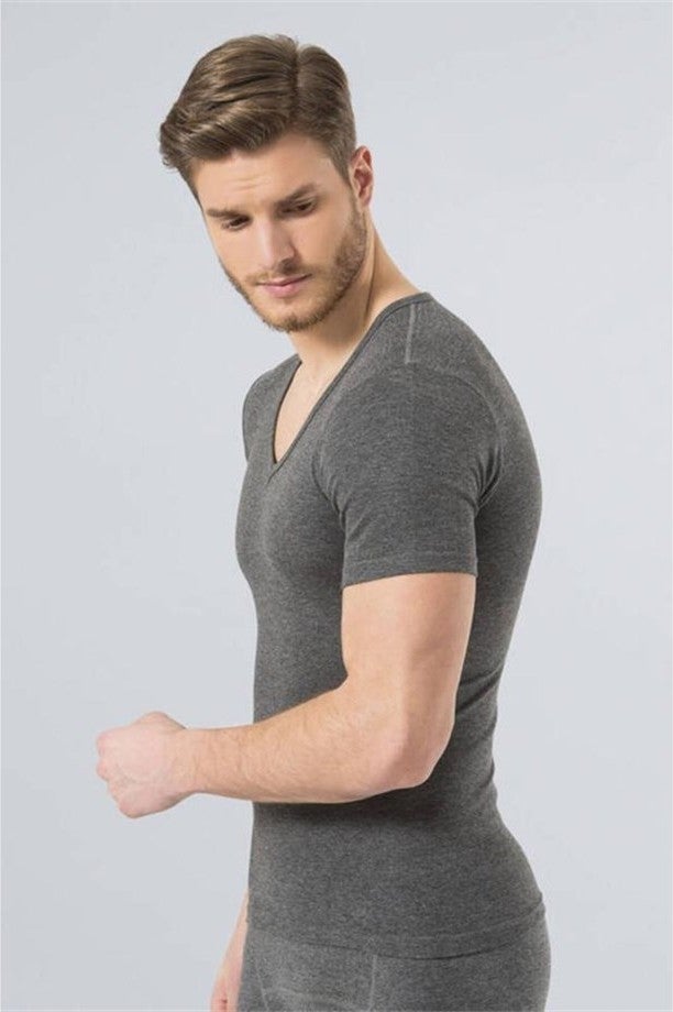 T-REN 191 Men's Thermal Men's V-Neck Men's Short Sleeve - Gray Melange  - Image 1