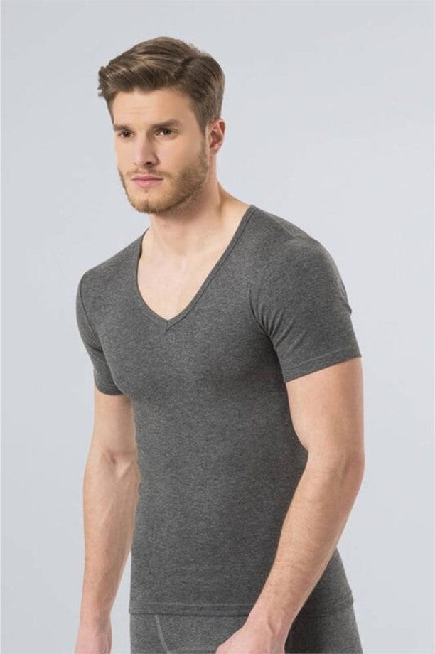 T-REN 191 Men's Thermal Men's V-Neck Men's Short Sleeve - Gray Melange  - Image 2