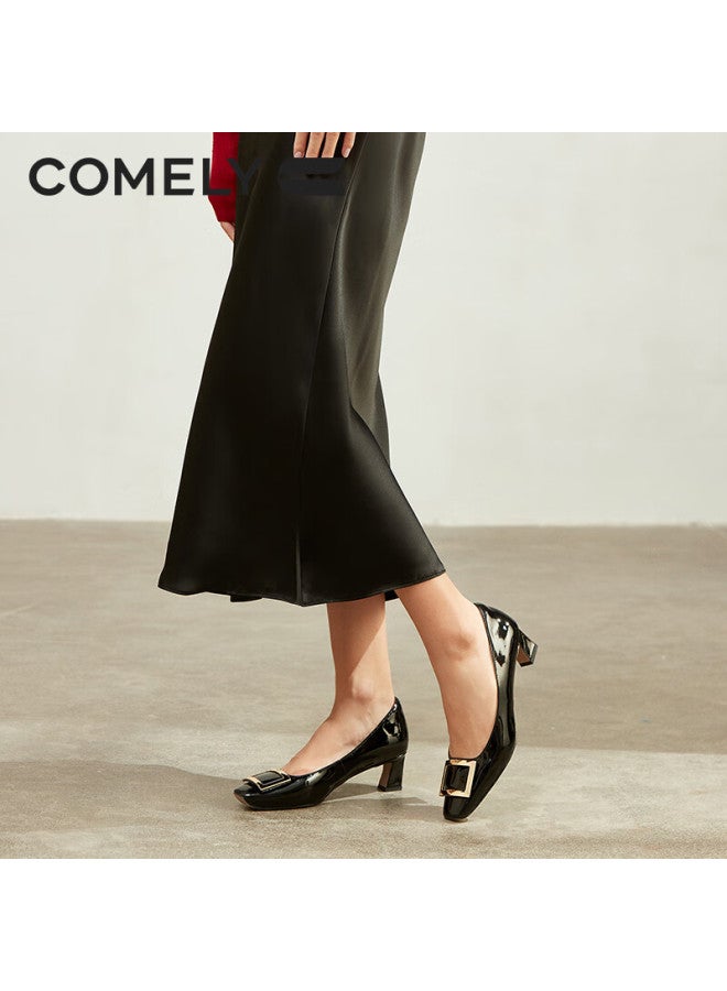 Comely Square Buckle Single Shoes Women's Spring Thick Heel Patent Leather Commuter High Heels Black 34 - Image 3