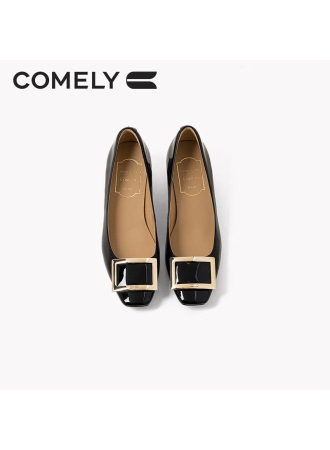 Comely Square Buckle Single Shoes Women's Spring Thick Heel Patent Leather Commuter High Heels Black 34 - Image 5