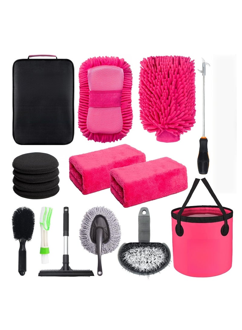ET-LIFE 15 Pcs Microfiber Towels Car Wash Cleaning Tools Kit Car Detailing Set with Canvas Bag Pink Collapsible Bucket Wash Mitt Sponge Towels Tire Brush Window Scraper Duster Complete Interior Car Care Kit - Image 1