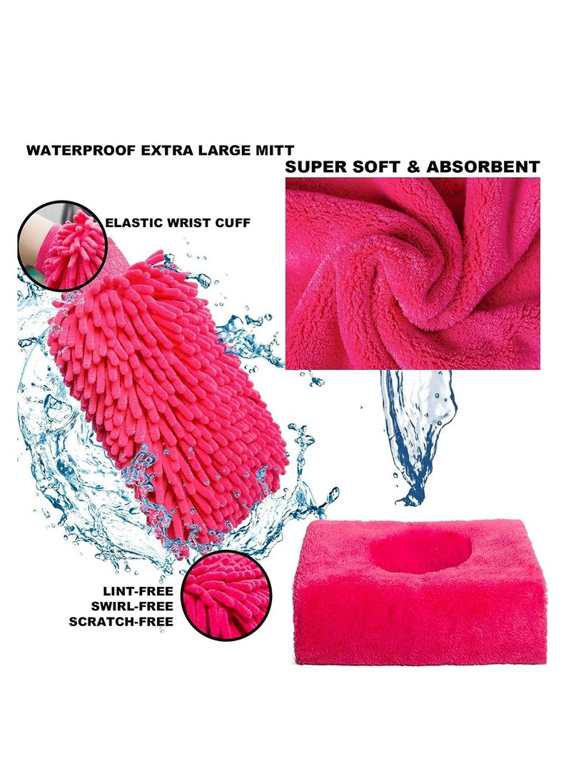ET-LIFE 15 Pcs Microfiber Towels Car Wash Cleaning Tools Kit Car Detailing Set with Canvas Bag Pink Collapsible Bucket Wash Mitt Sponge Towels Tire Brush Window Scraper Duster Complete Interior Car Care Kit - Image 3