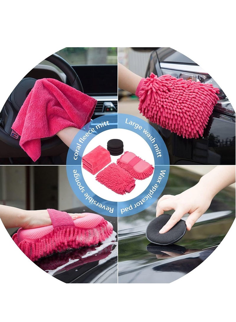 ET-LIFE 15 Pcs Microfiber Towels Car Wash Cleaning Tools Kit Car Detailing Set with Canvas Bag Pink Collapsible Bucket Wash Mitt Sponge Towels Tire Brush Window Scraper Duster Complete Interior Car Care Kit - Image 5
