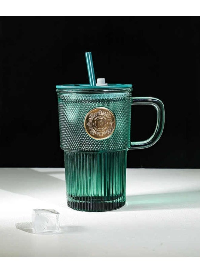 400ml Green Glass Mug with Straw and Handle for Drinking Perfect for Coffee Juice and Beverages