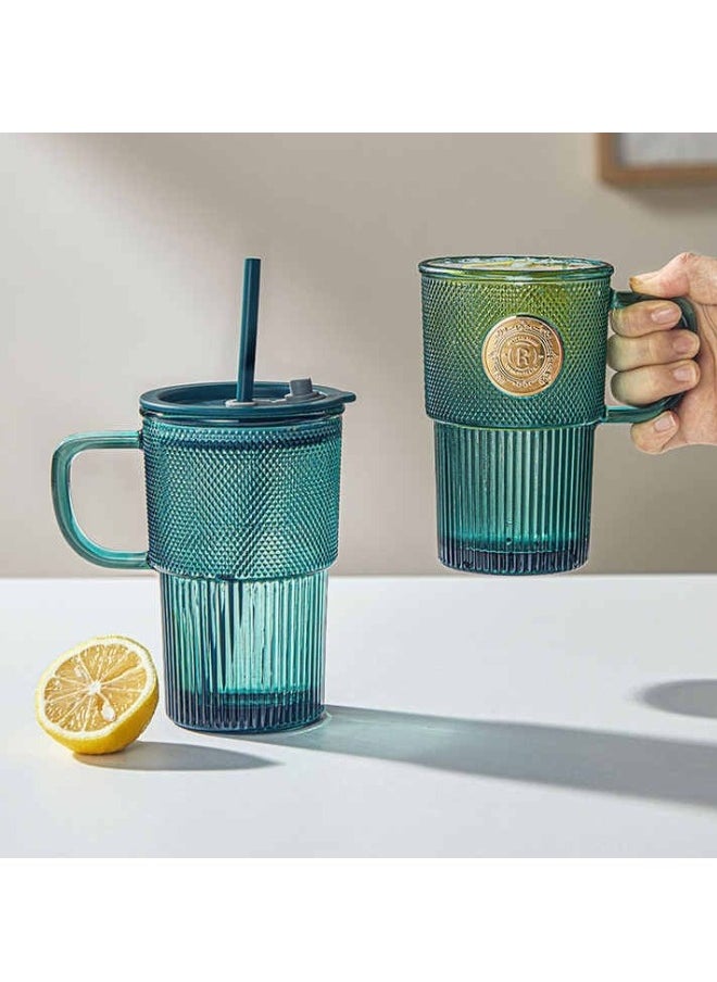 400ml Green Glass Mug with Straw and Handle for Drinking Perfect for Coffee Juice and Beverages