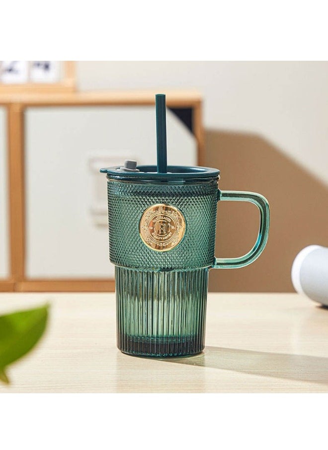 400ml Green Glass Mug with Straw and Handle for Drinking Perfect for Coffee Juice and Beverages