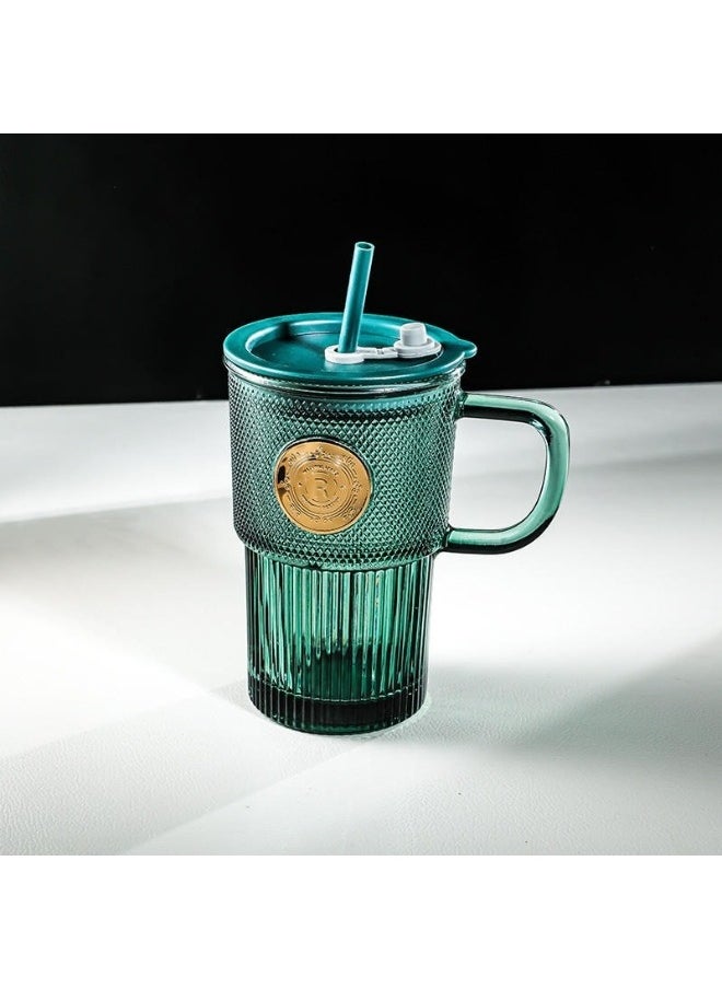 400ml Green Glass Mug with Straw and Handle for Drinking Perfect for Coffee Juice and Beverages
