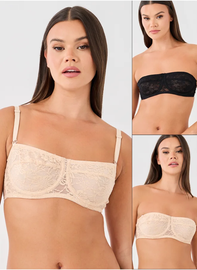 Styli Pack of 2 - Padded Wired Lace Balconette Multiway Bra