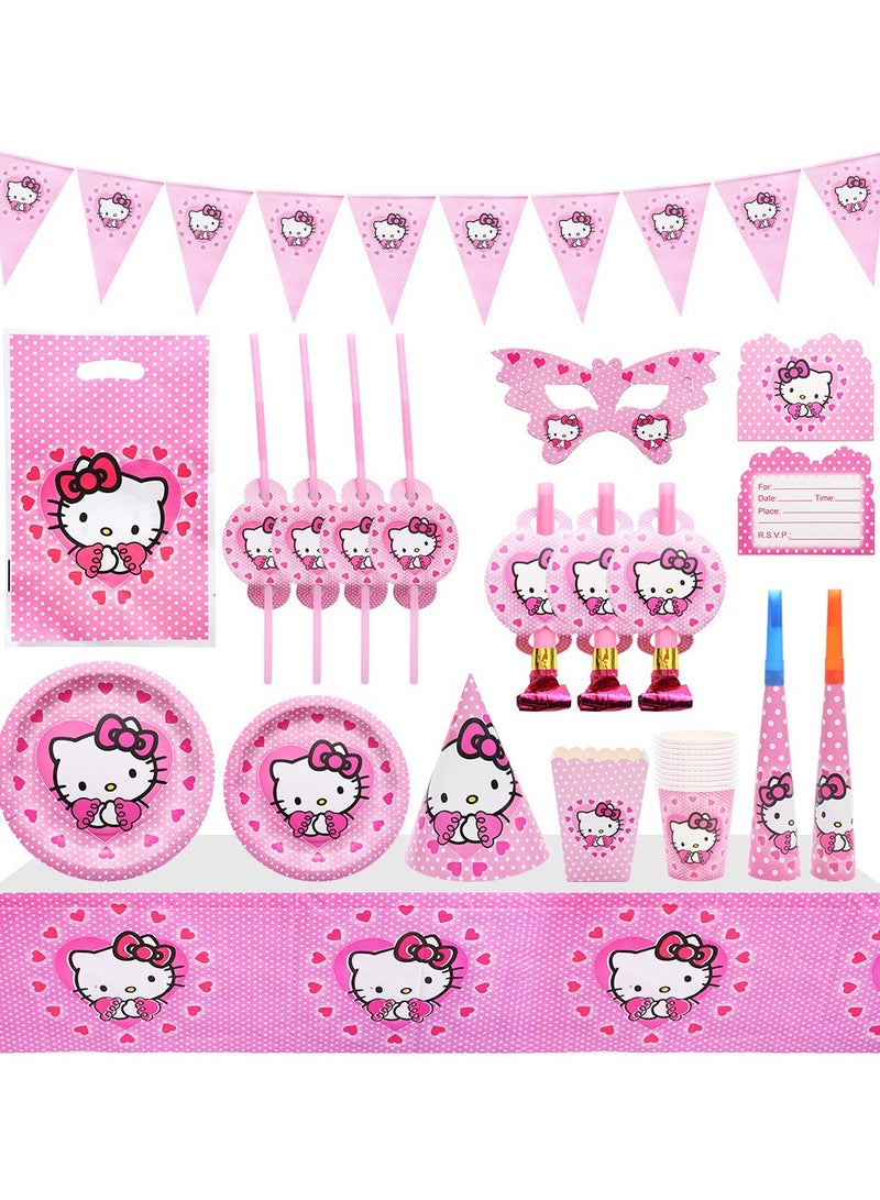 Hello Kitty 145-piece Hello Kitty Theme Party Supplies for Kids, Hello Kitty Party Props Favor Table Decorations, Banner Paper Plates Napkins Cups Tablecloth Tableware Sports Set for 10 Guests,Party Decorations - Image 1