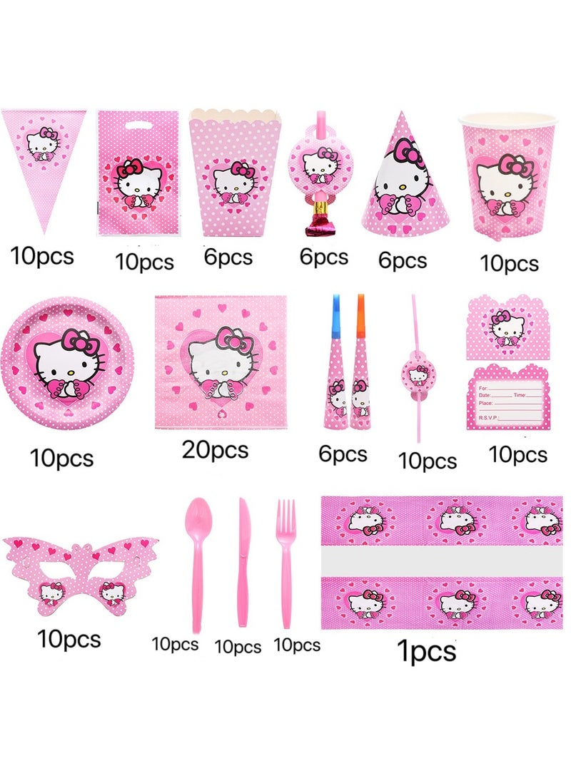 Hello Kitty 145-piece Hello Kitty Theme Party Supplies for Kids, Hello Kitty Party Props Favor Table Decorations, Banner Paper Plates Napkins Cups Tablecloth Tableware Sports Set for 10 Guests,Party Decorations - Image 2
