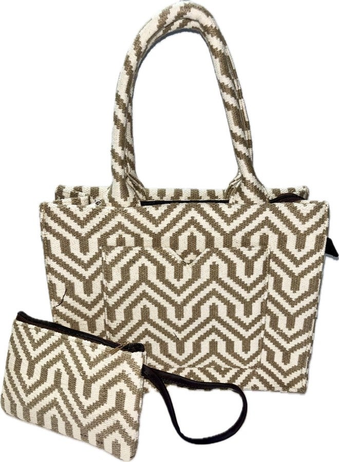 BUMBLEBERRY Women's Beautiful Jacquard Fabric Tote/Laptop Bag | Geomatrical Pattern comes with an add on Small Pouch | For College And Office | Beige Colour | Dimension (LxBxH): 34cmx13cmx28cm - Image 1