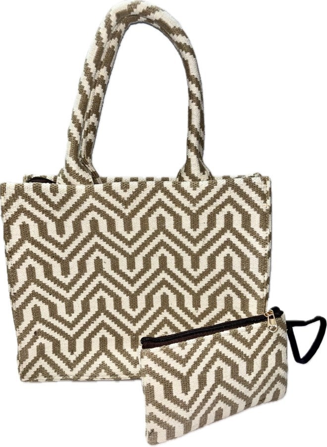 BUMBLEBERRY Women's Beautiful Jacquard Fabric Tote/Laptop Bag | Geomatrical Pattern comes with an add on Small Pouch | For College And Office | Beige Colour | Dimension (LxBxH): 34cmx13cmx28cm - Image 2