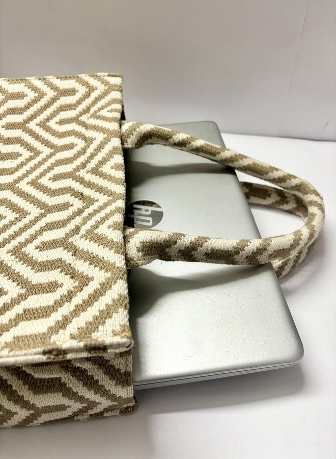 BUMBLEBERRY Women's Beautiful Jacquard Fabric Tote/Laptop Bag | Geomatrical Pattern comes with an add on Small Pouch | For College And Office | Beige Colour | Dimension (LxBxH): 34cmx13cmx28cm - Image 3
