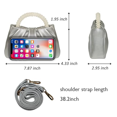 Beatfull Evening Purse Women Small Pearl Handbags Soft Leather Ruched Bag Wedding Bridal Clutch Party Prom Crossbody Purses Silver - Image 3