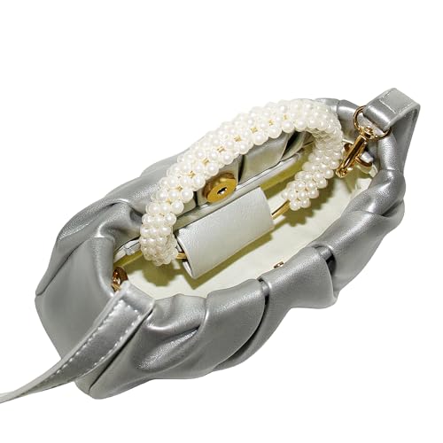 Beatfull Evening Purse Women Small Pearl Handbags Soft Leather Ruched Bag Wedding Bridal Clutch Party Prom Crossbody Purses Silver - Image 2