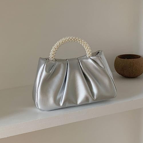 Beatfull Evening Purse Women Small Pearl Handbags Soft Leather Ruched Bag Wedding Bridal Clutch Party Prom Crossbody Purses Silver - Image 5