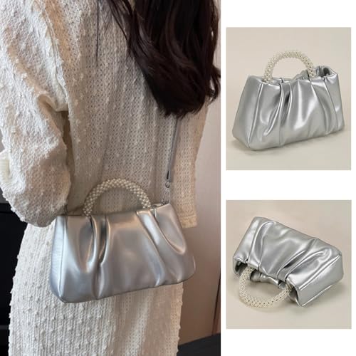 Beatfull Evening Purse Women Small Pearl Handbags Soft Leather Ruched Bag Wedding Bridal Clutch Party Prom Crossbody Purses Silver - Image 4