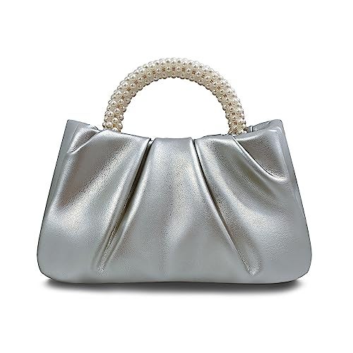 Beatfull Evening Purse Women Small Pearl Handbags Soft Leather Ruched Bag Wedding Bridal Clutch Party Prom Crossbody Purses Silver - Image 1