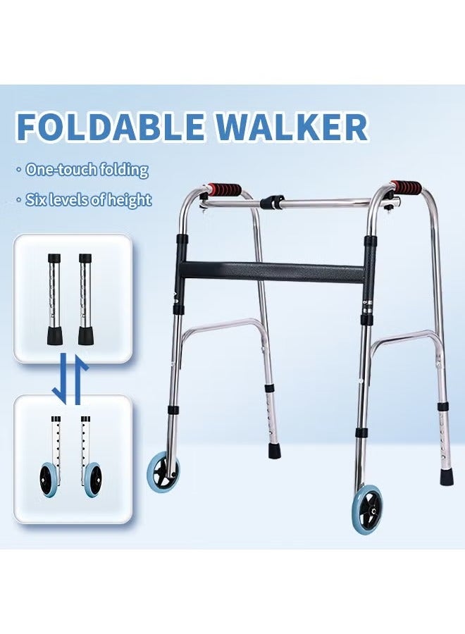 Durable Folding Walker for Seniors, 6-Level Adjustable Walking Stick with Anti-Slip Design, Durable Aluminum Alloy Mobility Aid with Walking Roller, Stable and Interactive Use and One-Touch Storage for Home and Outdoor Mobility Aid