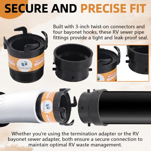 TonGass RV Sewer Pipe Adapter 3" Rotating Rigid Bayonet Adapter with Male Thread & Hooks, Termination Fitting with 3" Bayonet & Hub, RV Sewer Hose Connector for Waste Disposal - Black - Image 4