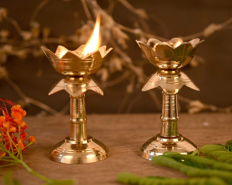 Devera Devera Set of 2 Pure Brass Diya for Puja Temaple Decoration Lotus Shape Pillar Diya Stand Oil Lamp for Home Mandir Pooja Articles Decor Gifts 35 inch  - Image 5