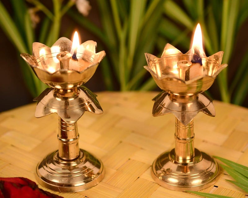 Devera Devera Set of 2 Pure Brass Diya for Puja Temaple Decoration Lotus Shape Pillar Diya Stand Oil Lamp for Home Mandir Pooja Articles Decor Gifts 35 inch  - Image 4