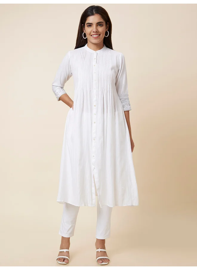 globus Globus Solid Mandarin Collar Pleated A-Line Kurta