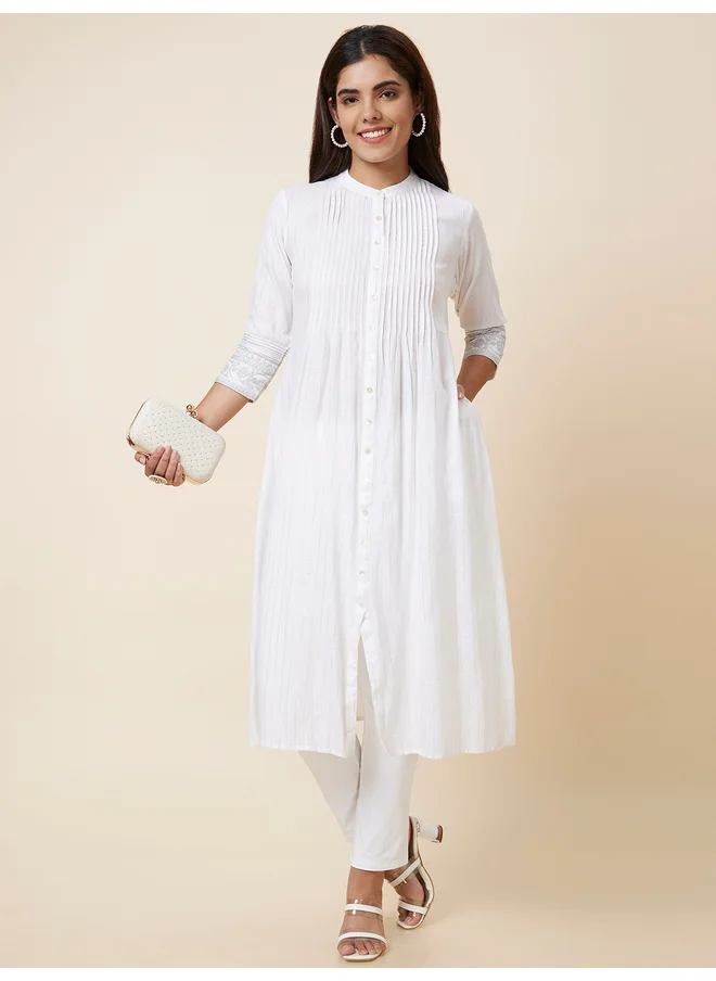 globus Globus Solid Mandarin Collar Pleated A-Line Kurta