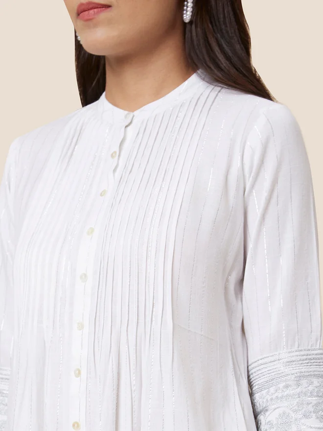 globus Globus Solid Mandarin Collar Pleated A-Line Kurta