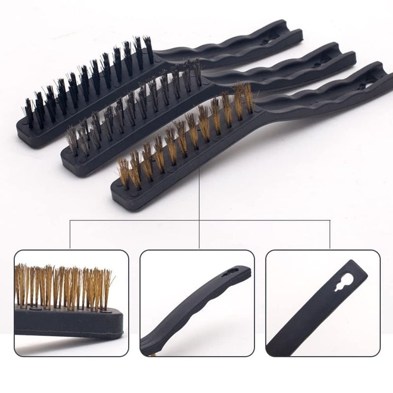 Wire Brush Set Nylon/Copper/Stainless Steel Bristles Curved Handle 3pcs Wire Brushes for Deep Cleaning Remove Rust Dirt Rubbing Paint - Image 5