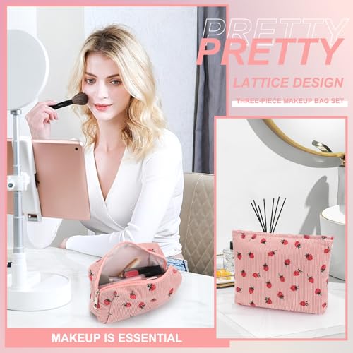 EIMMBD Makeup Bag 3 Pieces Large Capacity Cosmetic Bags Travel Toiletry Bag Organizer Cute Makeup Pouch Storage for Women(Pink Strawberry) - Image 5