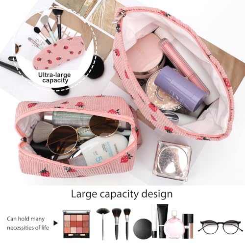 EIMMBD Makeup Bag 3 Pieces Large Capacity Cosmetic Bags Travel Toiletry Bag Organizer Cute Makeup Pouch Storage for Women(Pink Strawberry) - Image 3