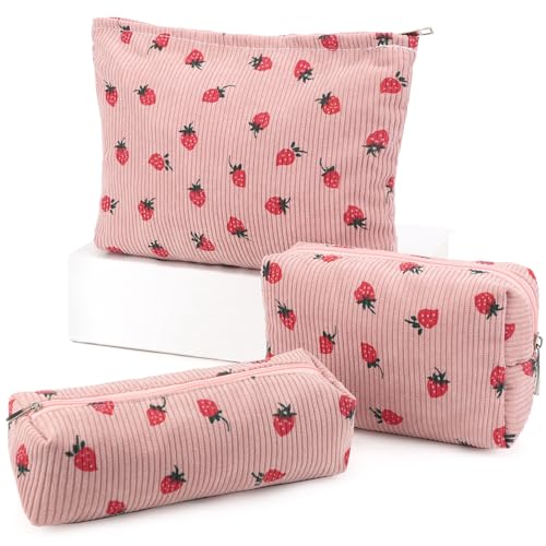 EIMMBD Makeup Bag 3 Pieces Large Capacity Cosmetic Bags Travel Toiletry Bag Organizer Cute Makeup Pouch Storage for Women(Pink Strawberry) - Image 1