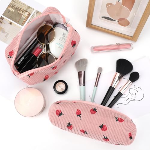EIMMBD Makeup Bag 3 Pieces Large Capacity Cosmetic Bags Travel Toiletry Bag Organizer Cute Makeup Pouch Storage for Women(Pink Strawberry) - Image 2