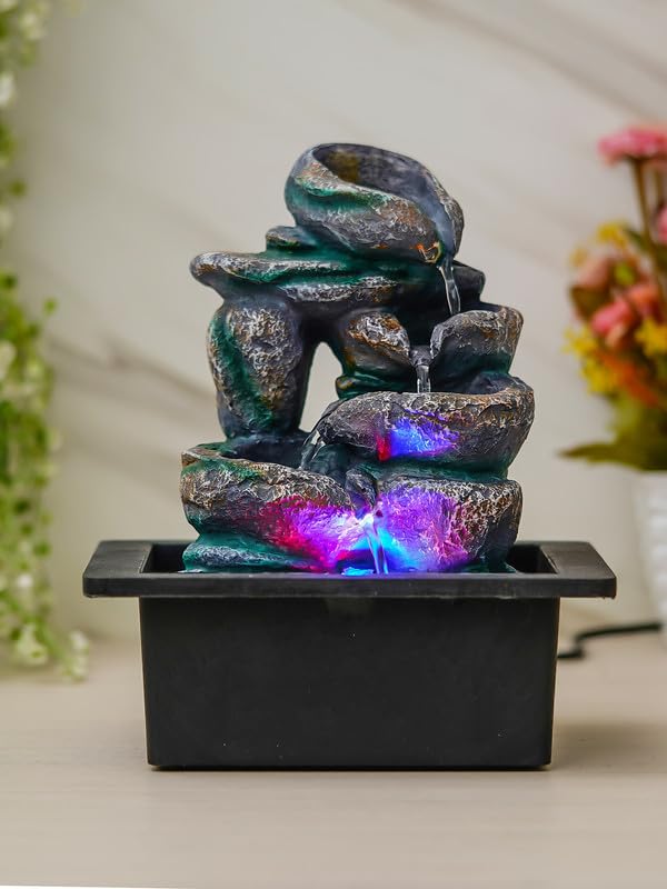 Craft Smith Multicolor Polyresin Tabletop Designer 4 Step Indoor Water Fountain for Home Decor with LED, Speed Control Pump (Size: 21 x 18 x 26 CM | Weight: 940Gram) - Image 1
