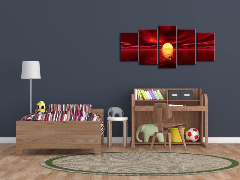 Wieco Art Red Sun Canvas Prints Wall Art Ocean Sea Beach Pictures Paintings Ready to Hang for Living Room Bedroom Home Decorations Modern 5 Piece Stretched and Framed Grace Landscape Giclee Artwork - Image 2