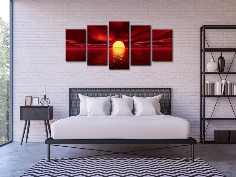 Wieco Art Red Sun Canvas Prints Wall Art Ocean Sea Beach Pictures Paintings Ready to Hang for Living Room Bedroom Home Decorations Modern 5 Piece Stretched and Framed Grace Landscape Giclee Artwork - Image 3