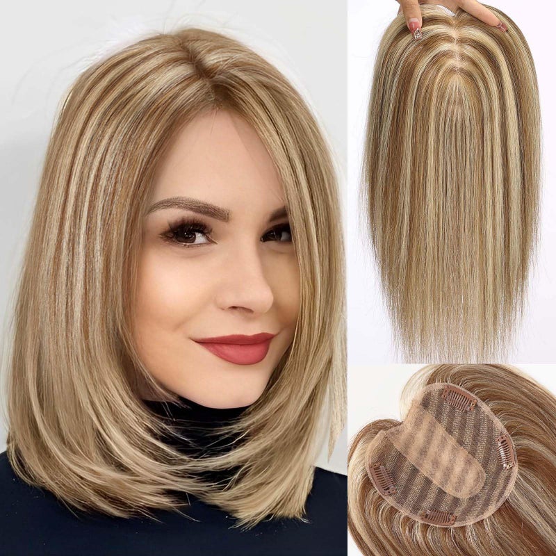 starluck 5x5 inch Lage Silk Base 14 Inch Real Human Hair Toppers for Women60 Gram High volume 100 Real Human Hair Toppers for Women with thinning hair hair lossBrown Mixed Blonde no Bangs