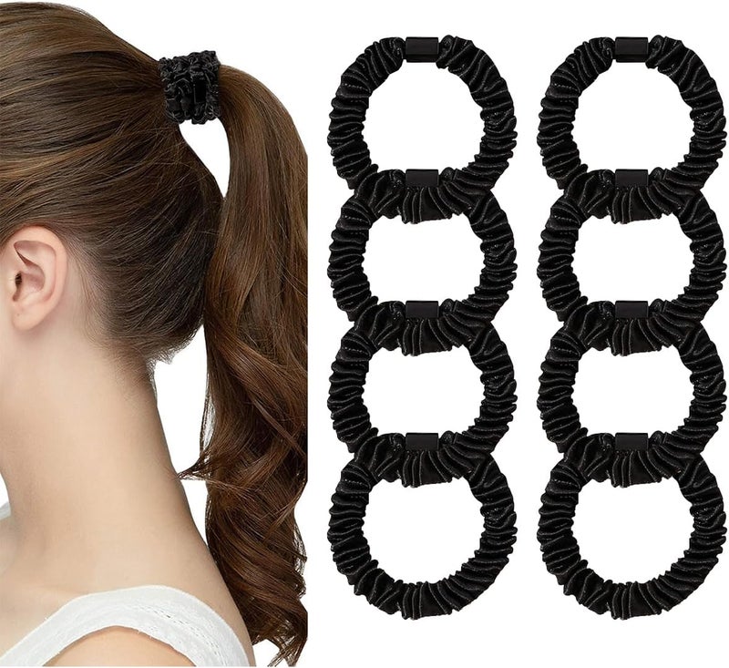 8 Pack Mulberry Silk Skinny Scrunchies Pure Silk Satin Scrunchy Hair Ties for Women No Damage Elastic Scrunchies Hair Bands Ponytail Holders Accessories Black