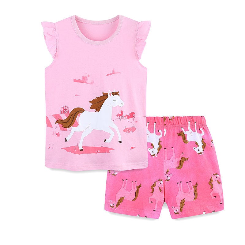 Factory direct European and American style girls short sleeve suit summer new childrens suit cartoon printed T-shirt two-piece set 2258