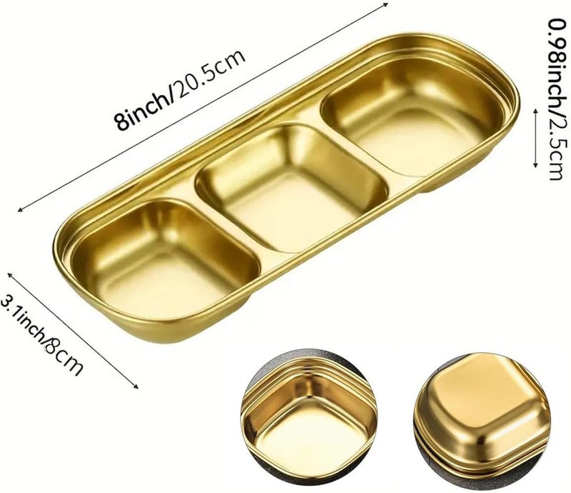 Reusable Mini Metal Sauce Dish 3 Grid Square Seasoning Plates for BBQ Stainless Steel Gold Dip Dish for Home Kitchen Restaurant 2Pcs - Image 4