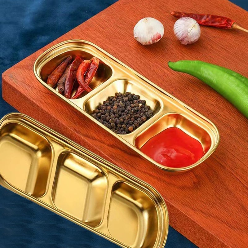 Reusable Mini Metal Sauce Dish 3 Grid Square Seasoning Plates for BBQ Stainless Steel Gold Dip Dish for Home Kitchen Restaurant 2Pcs - Image 2