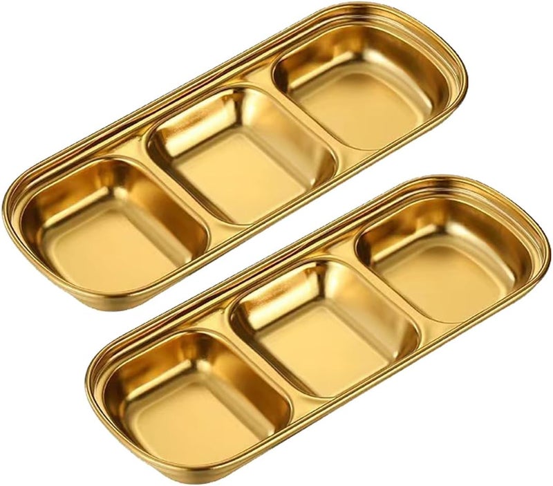 Reusable Mini Metal Sauce Dish 3 Grid Square Seasoning Plates for BBQ Stainless Steel Gold Dip Dish for Home Kitchen Restaurant 2Pcs - Image 1